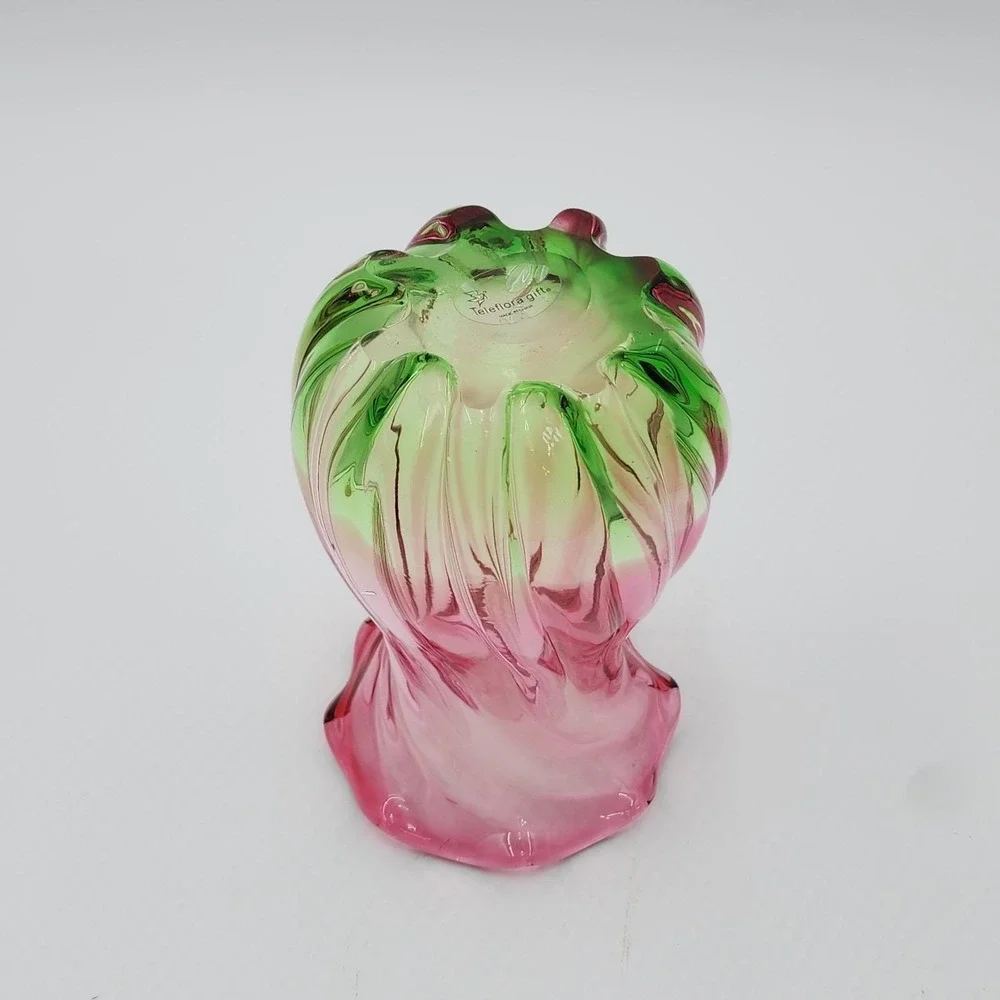 Vintage Teleflora Vase Hand Blown Glass Pink to Green Swirl & Ruffled Rim 7.5